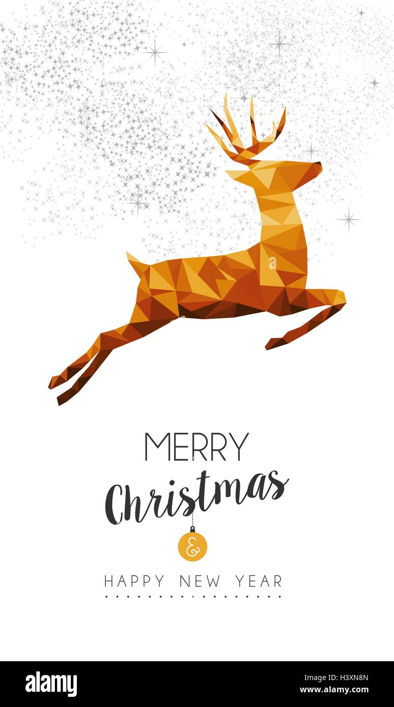 Buon Natale e felice anno nuovo gold renne in bassa poli stile triangolo, vacanze scheda decorazione design. EPS10 vettore. Illustrazione Vettoriale