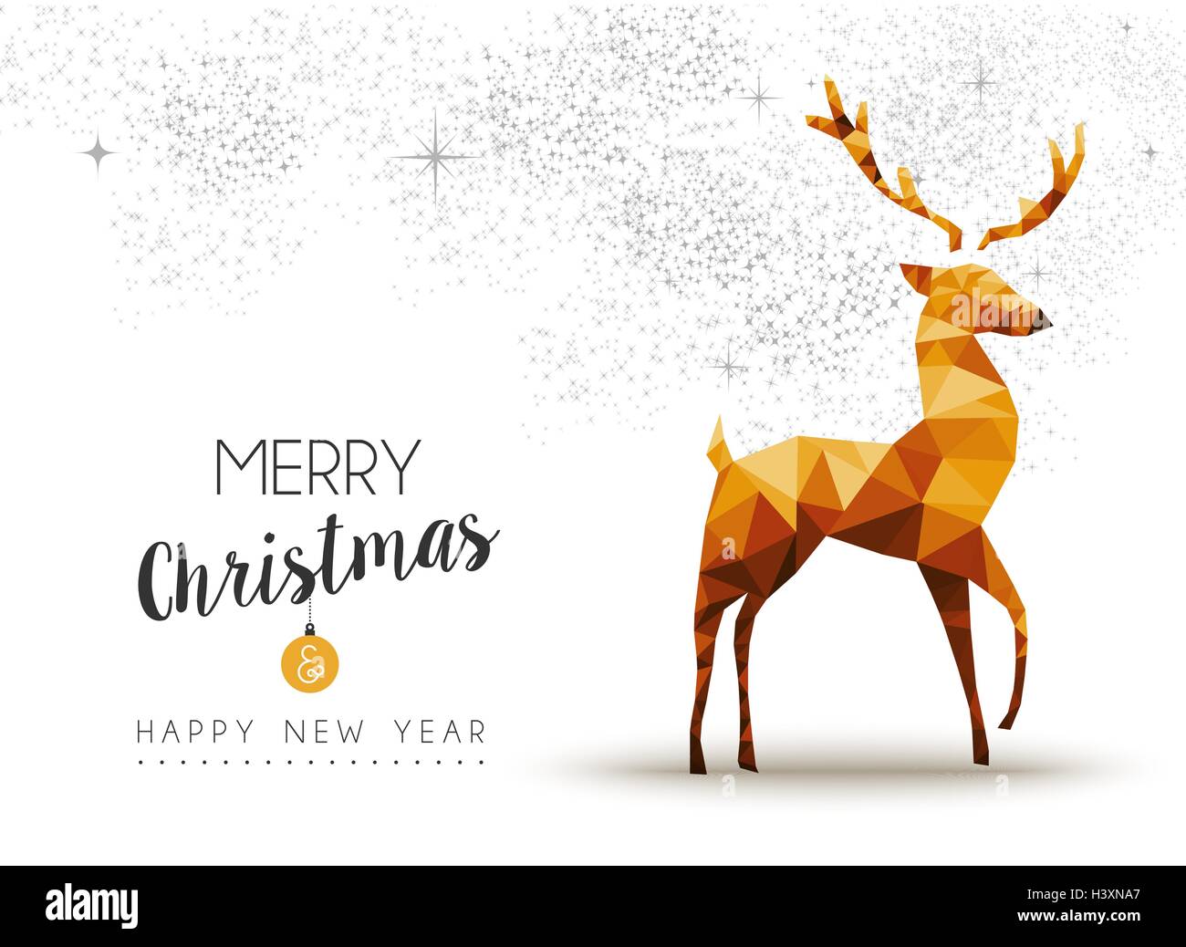 Buon Natale e felice anno nuovo gold cervi in basso poli stile triangolo, vacanze scheda decorazione design. EPS10 vettore. Illustrazione Vettoriale