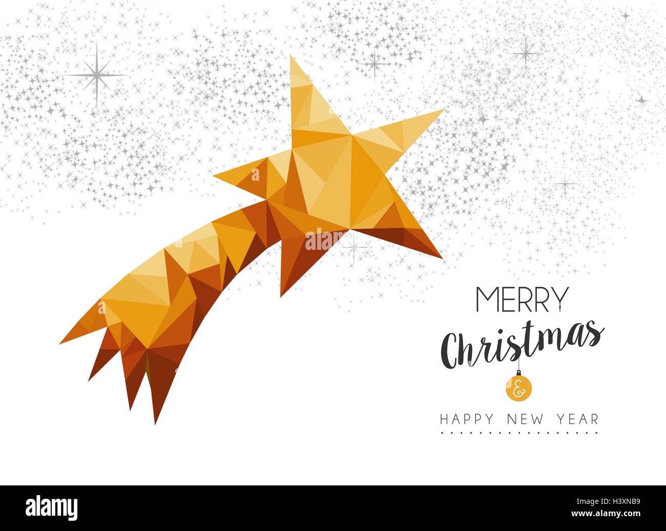 Buon Natale e felice anno nuovo oro stella di Natale ornamento in bassa poli stile triangolo, vacanze scheda decorazione design. Illustrazione Vettoriale