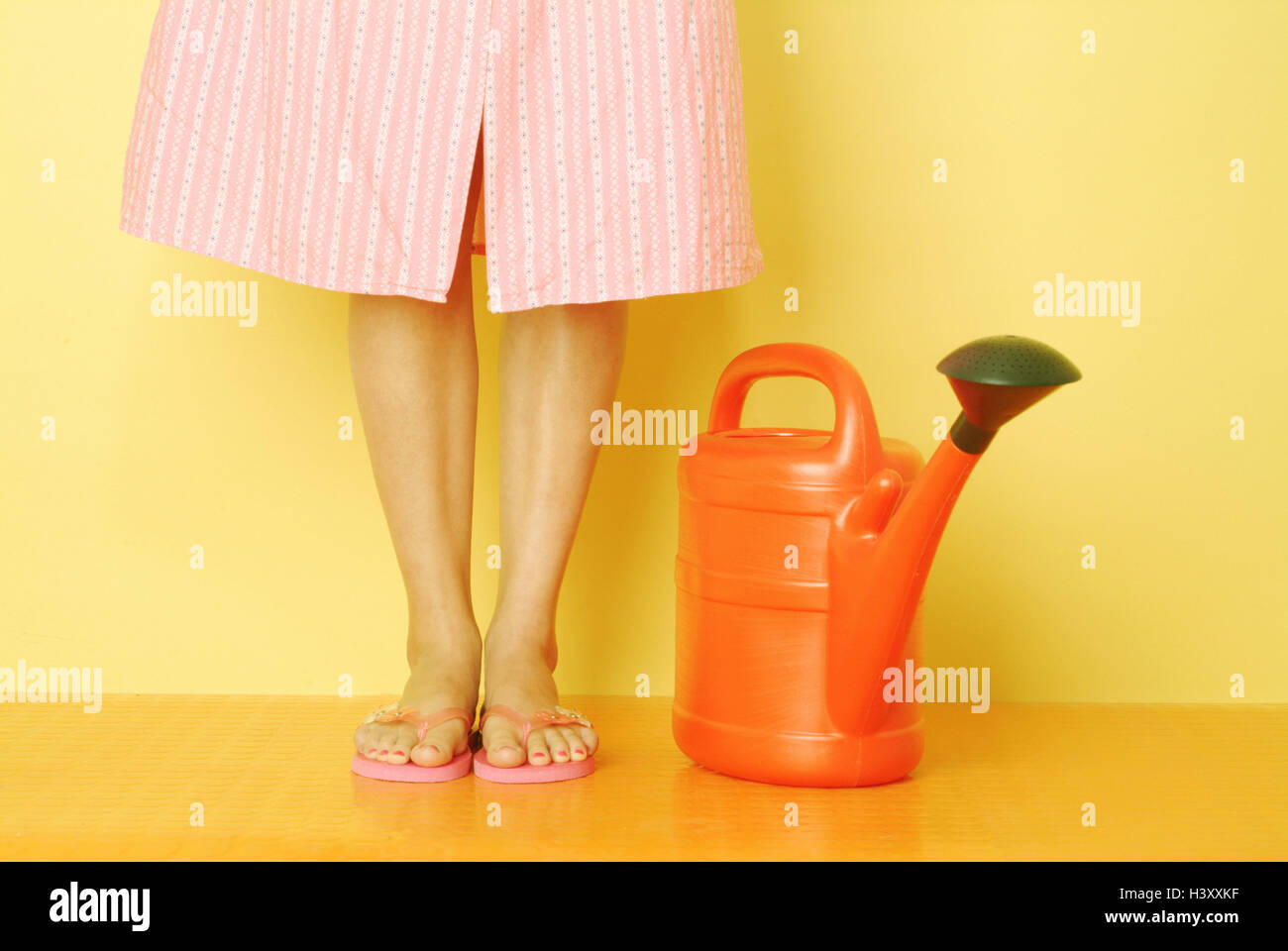 Casalinga, dettaglio, gambe, flip-flop,, annaffiatoio serie, donne gambe, donna, giovane, 20-30 anni, 24 anni, pulizia donna casalinga esistenza, frocks, tute, casa frocks, Flip-flop, rosa, rosa, i lavori domestici, studio, indoor, mug, tazza in plastica, fiore Foto Stock