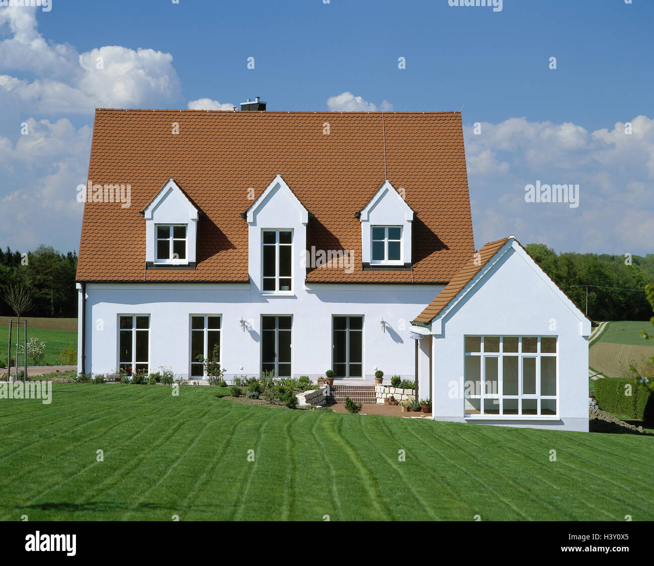 Germania, casa unifamiliare, house, casa residenziale, casa di nuova costruzione, Frei della Seat, giardino, turf, prato, scenario, area rurale, zona residenziale, rurally, estate, esterno Foto Stock