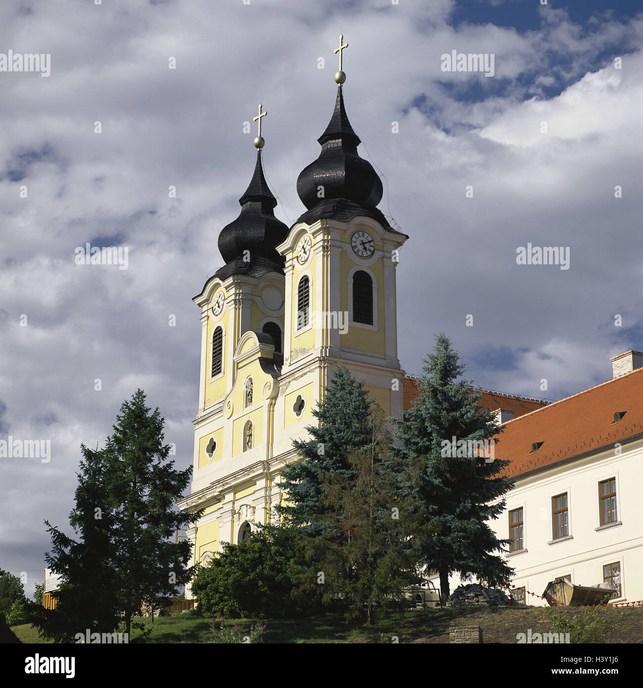 Ungheria, lago di disco, Tihany, chiesa abbaziale, 11 cent., dettaglio, Europa, Balaton, Abbazia, chiesa, torri, struttura edilizia, architettura, luogo di interesse al di fuori, Foto Stock