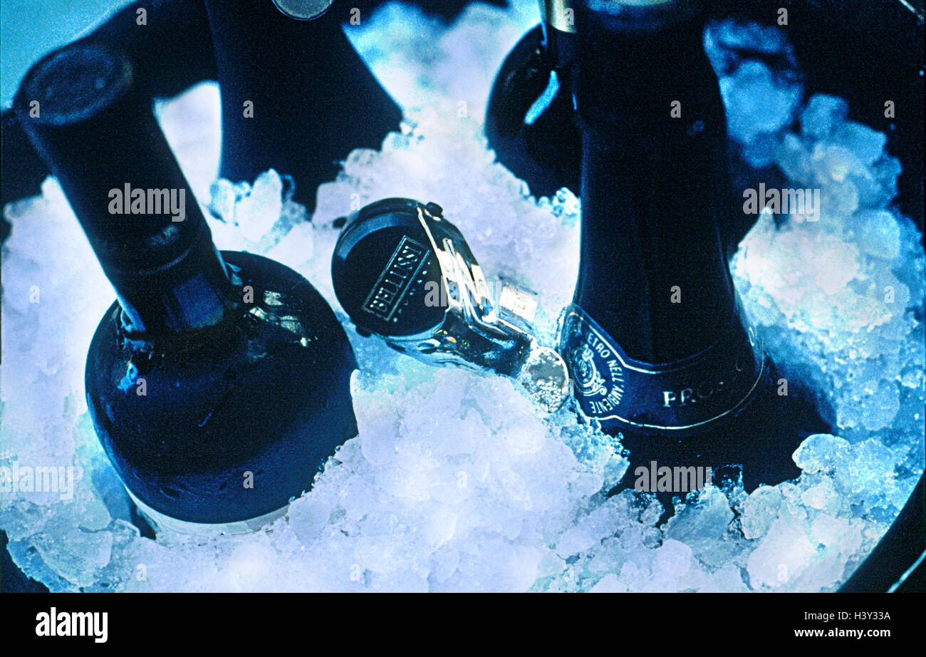 Radiatore di vino, bottiglie di vino, diversamente, ghiaccio, chiudere, ancora in vita, la fotografia del prodotto, bottiglie di vino, bottiglia per vino, raffreddato, refrigerate, secchiello per il ghiaccio, gelato radiatore, vino bianco, spumante, champagne Foto Stock