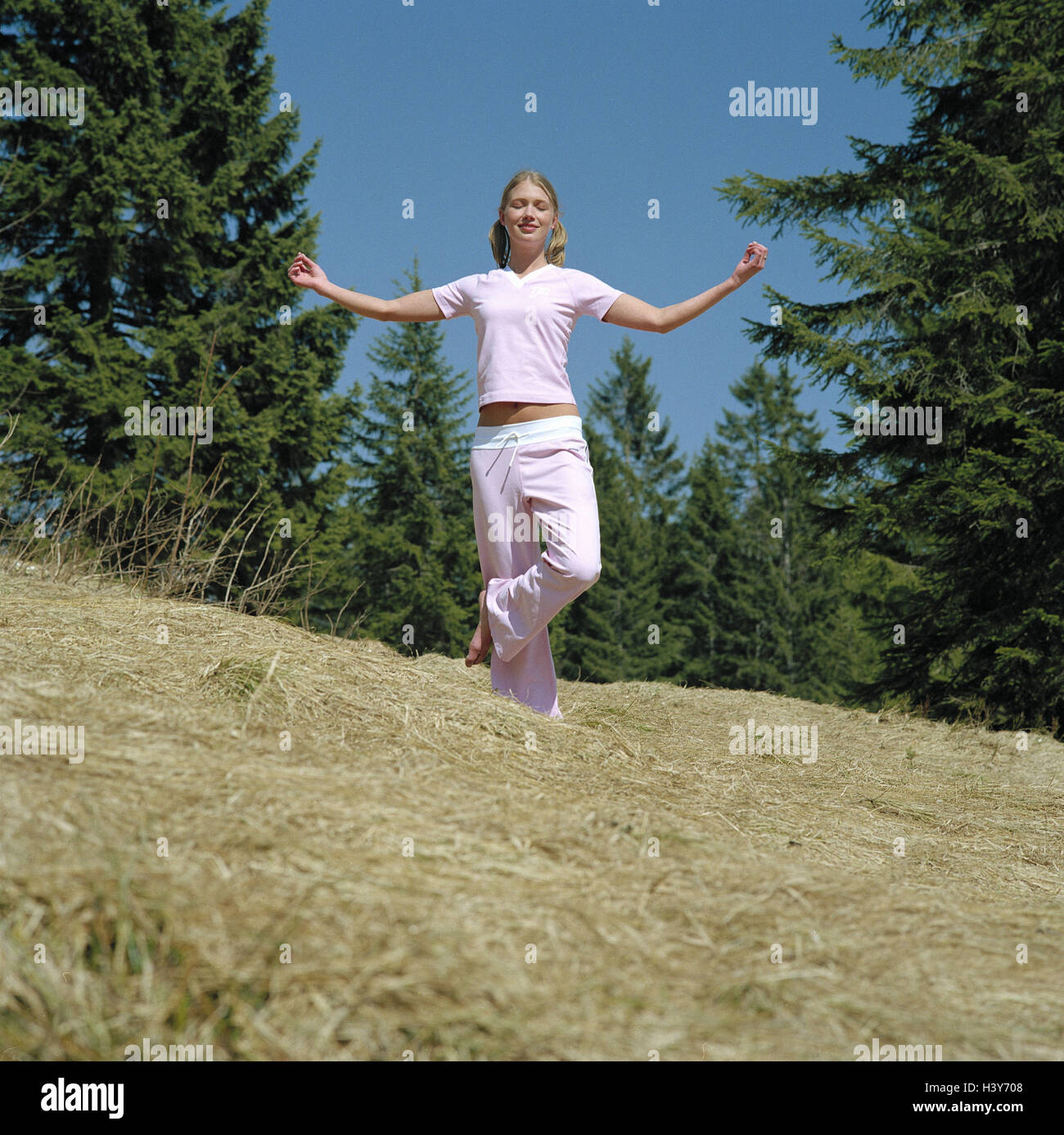 Bordo del bosco, prato, donna, giovane, stand, godetevi la pratica dello yoga, 22 anni, yoga, meditazione, lo yoga posizione, pratica, esercizio di rilassamento, ricreazione, di riposo e di relax, concentrazione, equilibrio, auto-discovery, felice, atteggiamento nei confronti della vita, sentimento, dell'emozione, 'montagna' aria, esterno, 20-30 anni Foto Stock