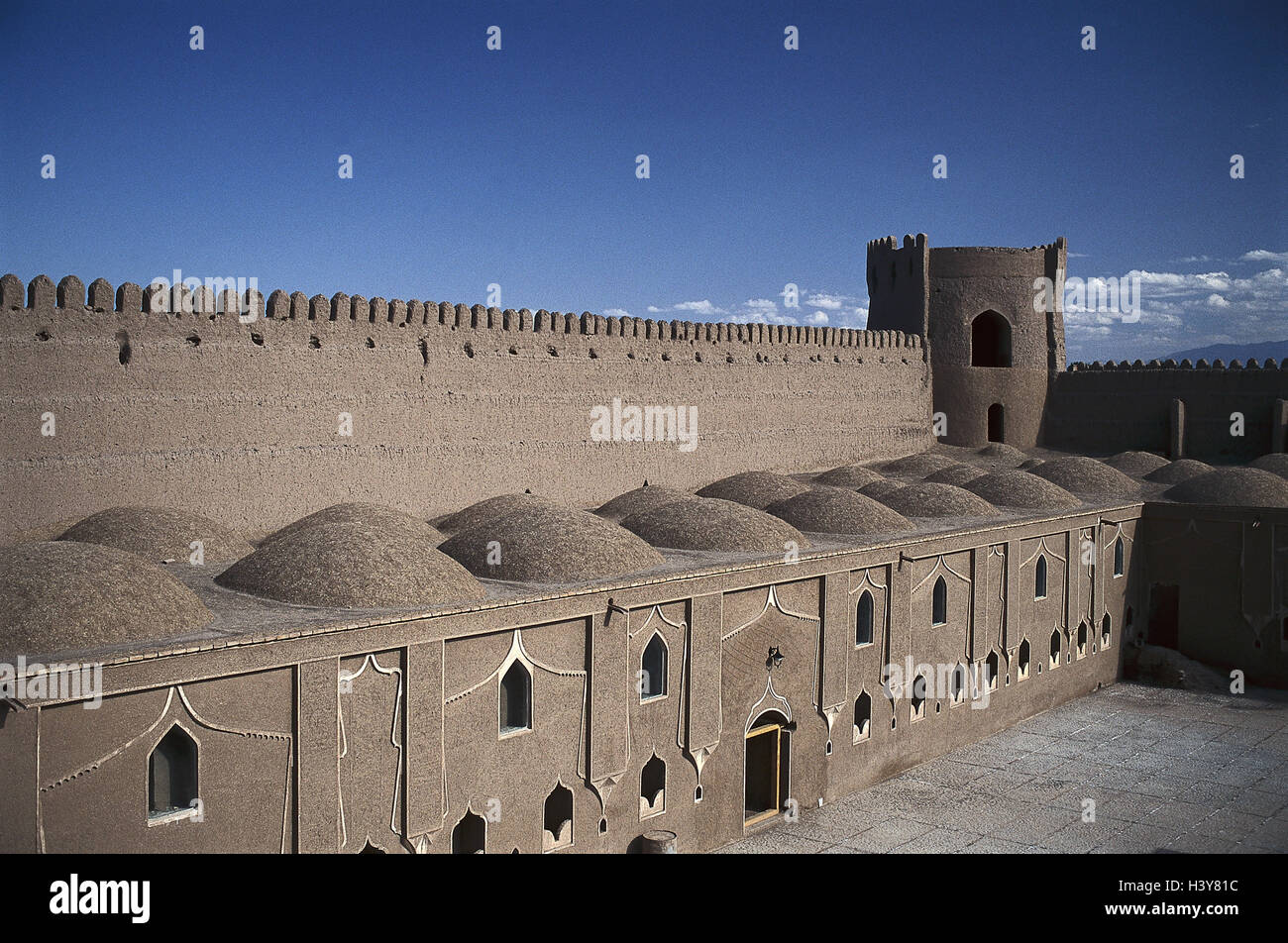 Iran, provincia Kerman, Bam, fissaggio terrapieno, dettaglio, il Medio Oriente, anteriore est, vicino Oriente, oasi cittadina, città, città fantasma, mucky costruzione, mucky architettura, stile architettonico, tradizione, mura difensive, mura, fortezza, mura difensive Foto Stock