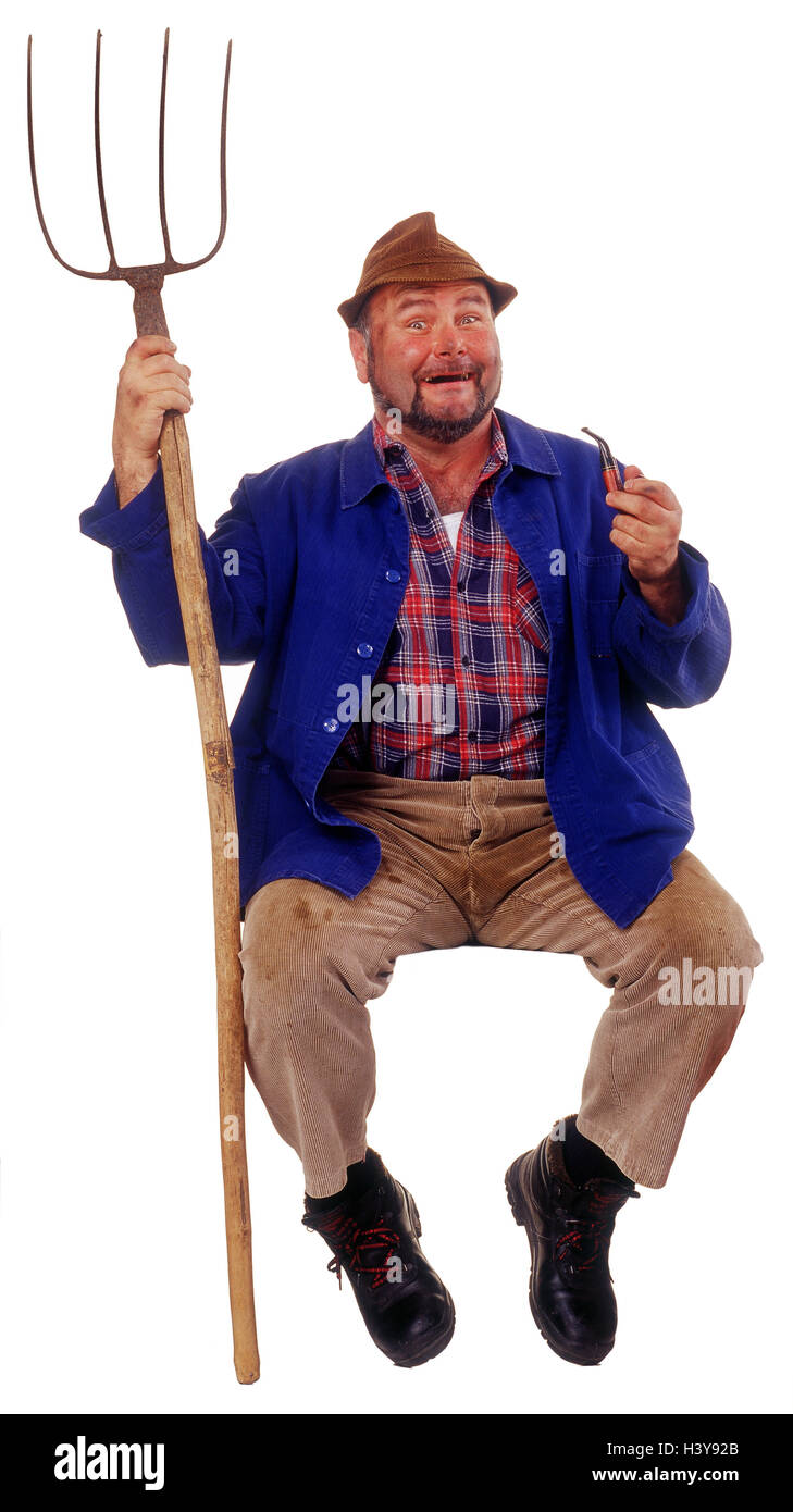 Il contadino, cura, hayfork, sedersi, fumo gesto, fischio, professioni studio, tagliate, forcone, uomo, pegno, medio persona vecchia, fumatore, tubo fumatore, Foto Stock