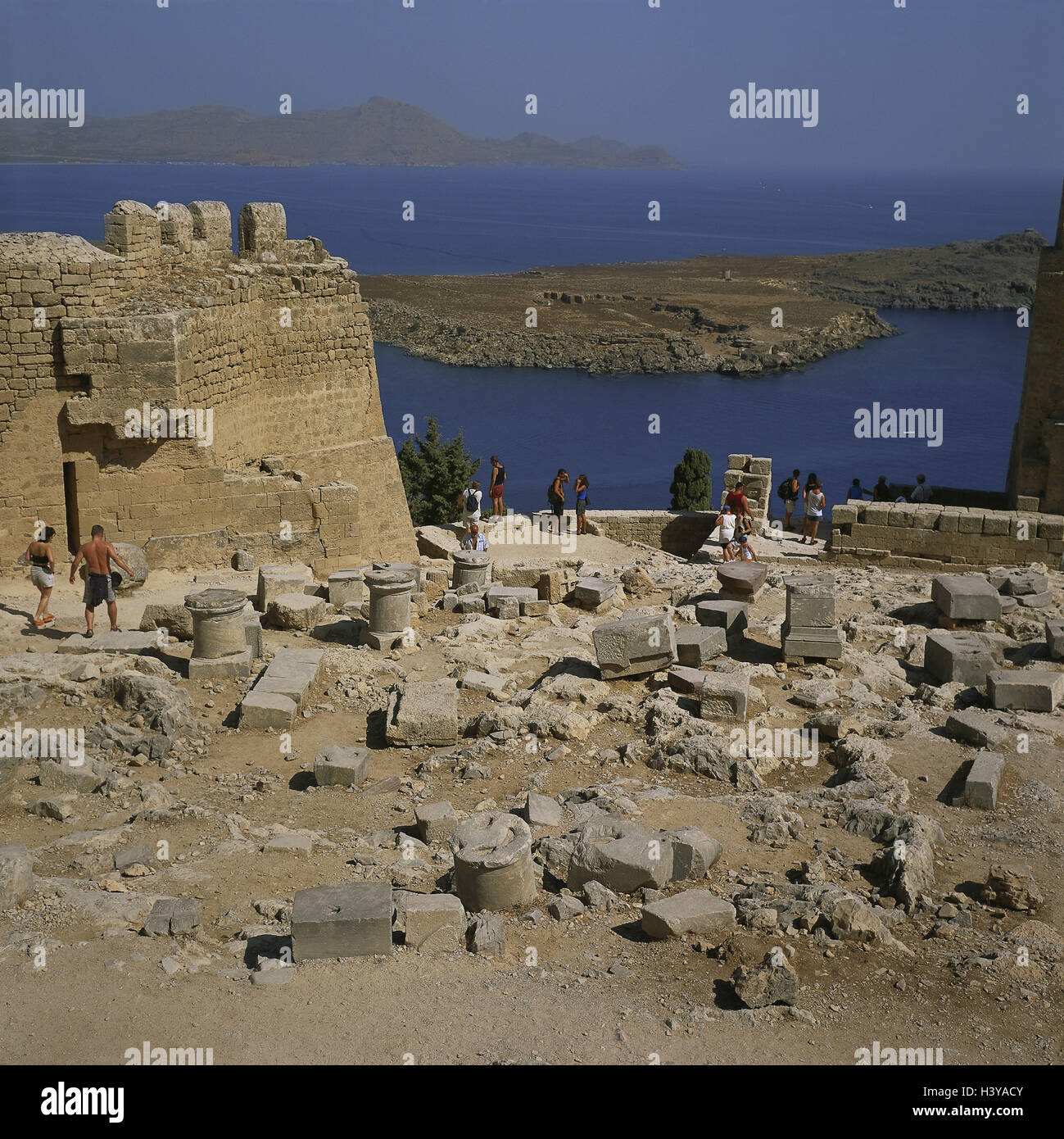 La Grecia, Rodi, Lindos Acropoli, turistico, isola, Dodekanes, '12 isole", città, archeologia, scavi, fortezza, crusader della fortezza, dettaglio, luogo di interesse, antichità, antichità, attrazione turistica, rovine, il Mare Egeo, Mar Egeo e il Mar Mediterraneo, mare Foto Stock