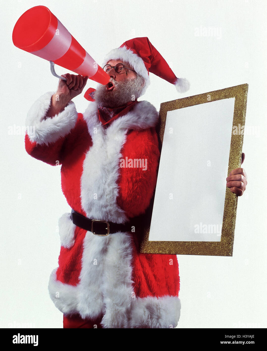 Santa Claus, megafono, picture, Picture Frame, segnaposto di Natale, Babbo Natale, segno, esclamare, gridare, annunciare, tagliate Foto Stock