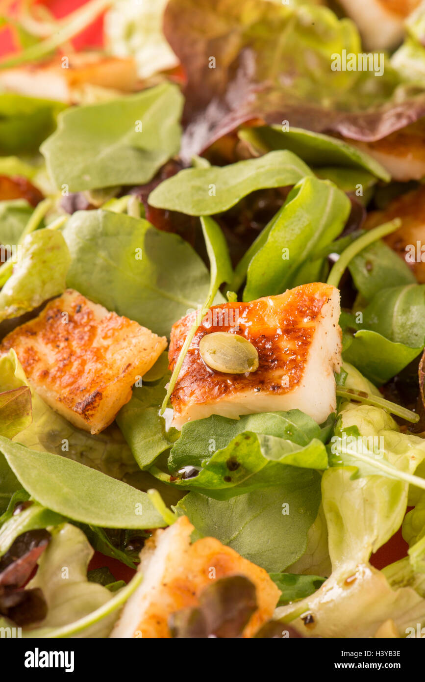 Insalata con formaggio halloumi in stretta verso l'alto. Vegetariano cibo sano. Foto Stock