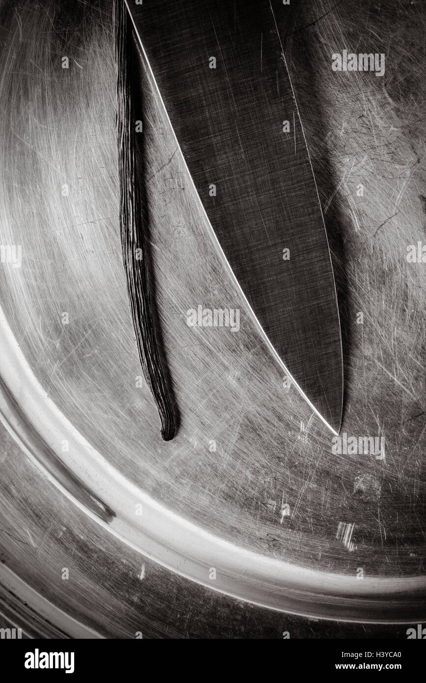 Baccello di vaniglia e il coltello in stretta verso l'alto. Il cibo ancora in vita. Foto Stock