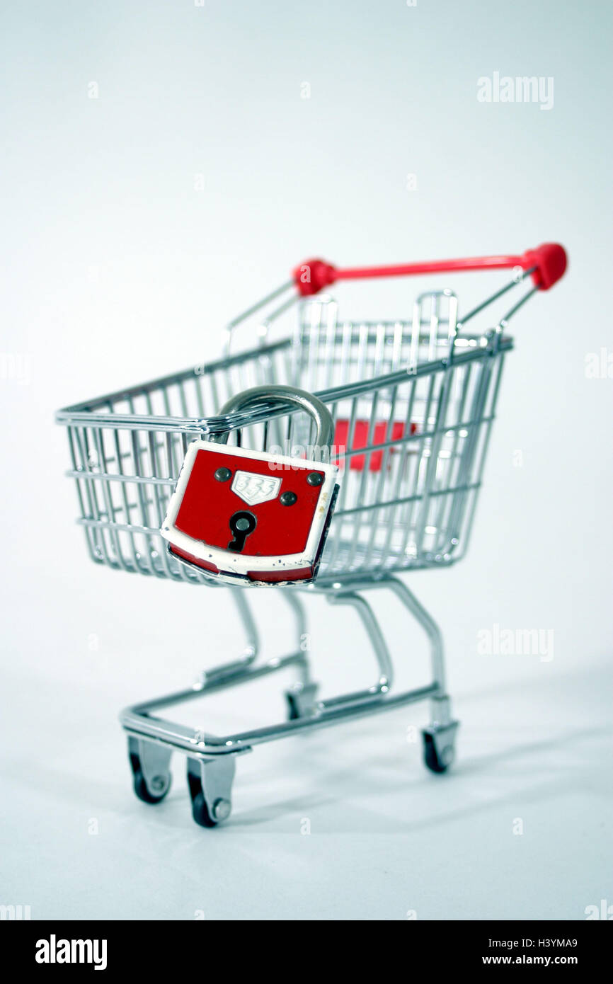 Carrelli di shopping, lucchetto, icona, Internet, televendite, sicurezza dei dati Internet Shopping basket merci, serratura, bloccate, sigillato, sicurezza, protezione, store, salvare, accesso internet, copertura, protezione dei dati, divieto, crittografia, Protezione, accesso di backup, login, destra Foto Stock