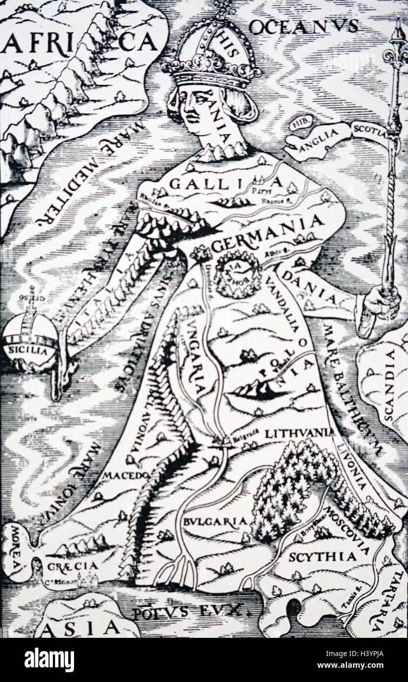 Xvi secolo mappa della Spagna come la testa dell'Europa. Foto Stock