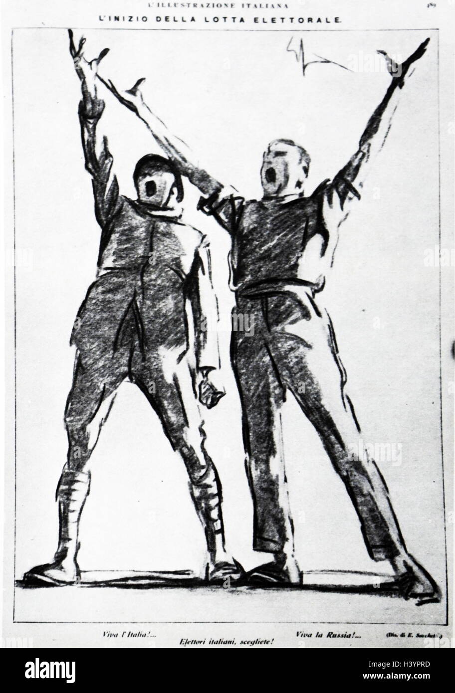 Partito comunista italiano, illustrazione di propaganda al momento del 1921 Elezione in Italia. Da "Illustrazione Italiana' 24 aprile 1921. Foto Stock