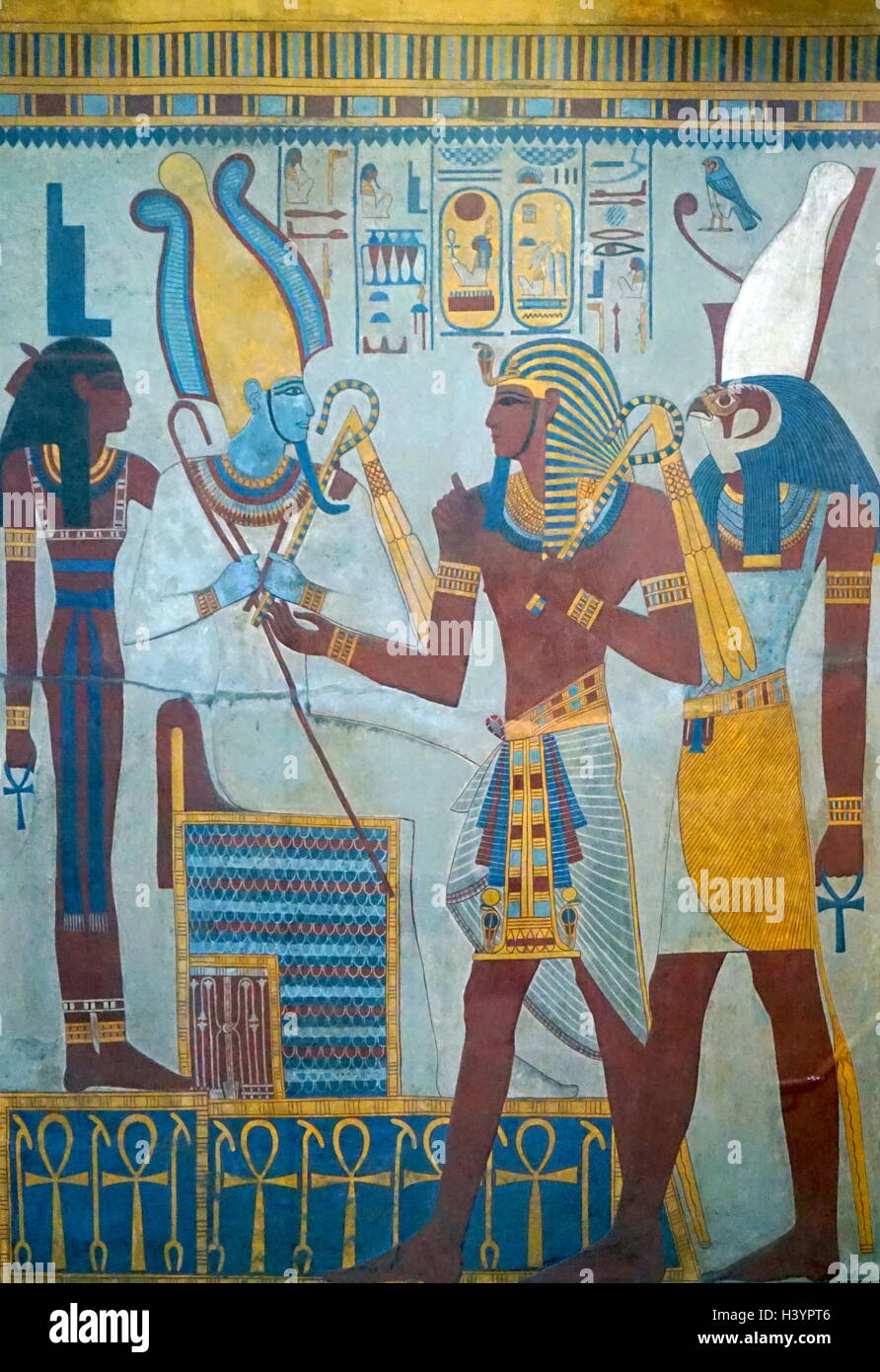 Parete dipinta fregio, datato 1290-1279 BC, espressi dalla tomba di Re egiziano Seti I. La Valle dei Re, Luxor, Egitto Foto Stock