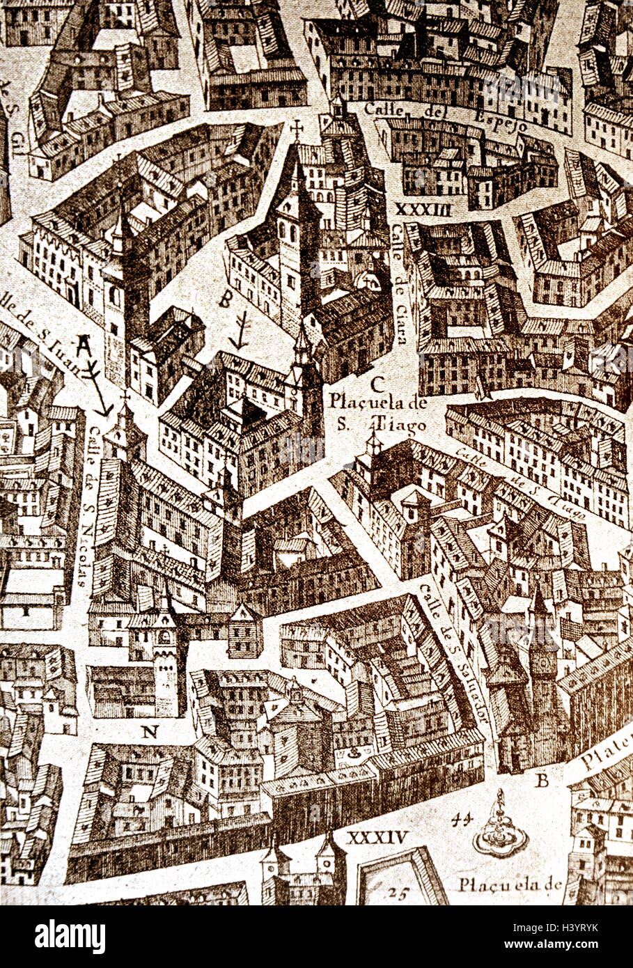 La mappa del quartiere di San Juan a Madrid durante il XVII secolo Foto Stock