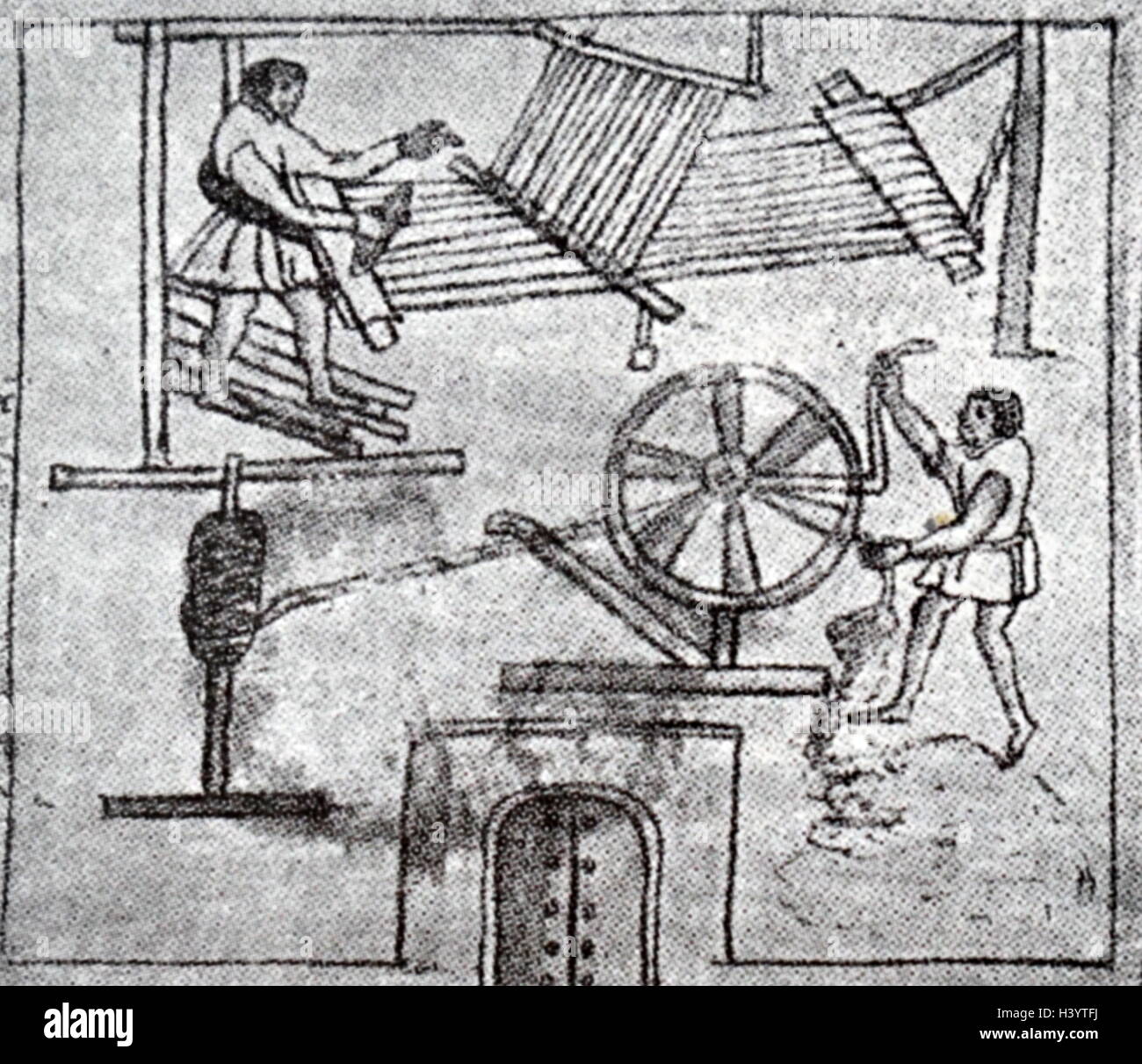 Illustrazione medievale raffigurante inizio macchine tessili. Datata XVI Secolo Foto Stock