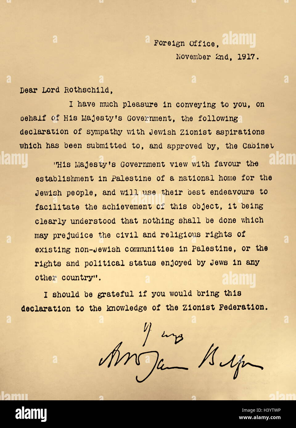 Lettera dal Ministero degli Esteri al Signore di Rothschild, noto come la "Dichiarazione Balfour". In data xx secolo Foto Stock