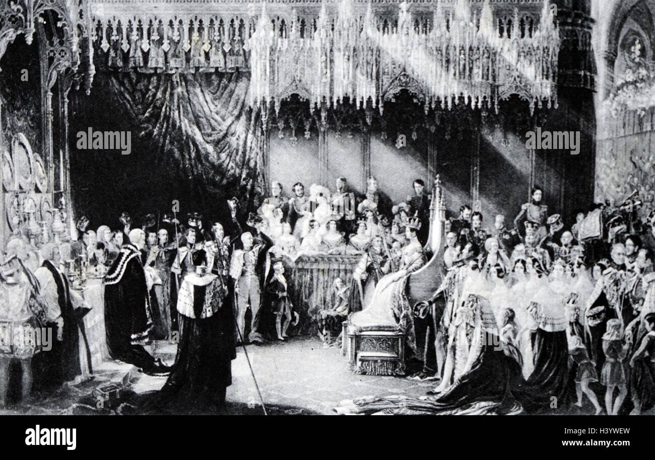Dipinto raffigurante l'incoronazione della Regina Victoria (1819-1901) la Regina del Regno Unito di Gran Bretagna e Irlanda. Datata del XIX secolo Foto Stock