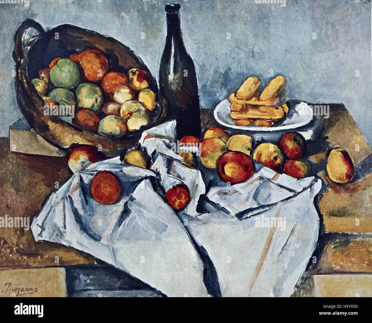 Pittura intitolato 'Still vita con cesto di mele " da Paul Cézanne (1839-1906) un artista francese e post-pittore impressionista. Datata del XIX secolo Foto Stock