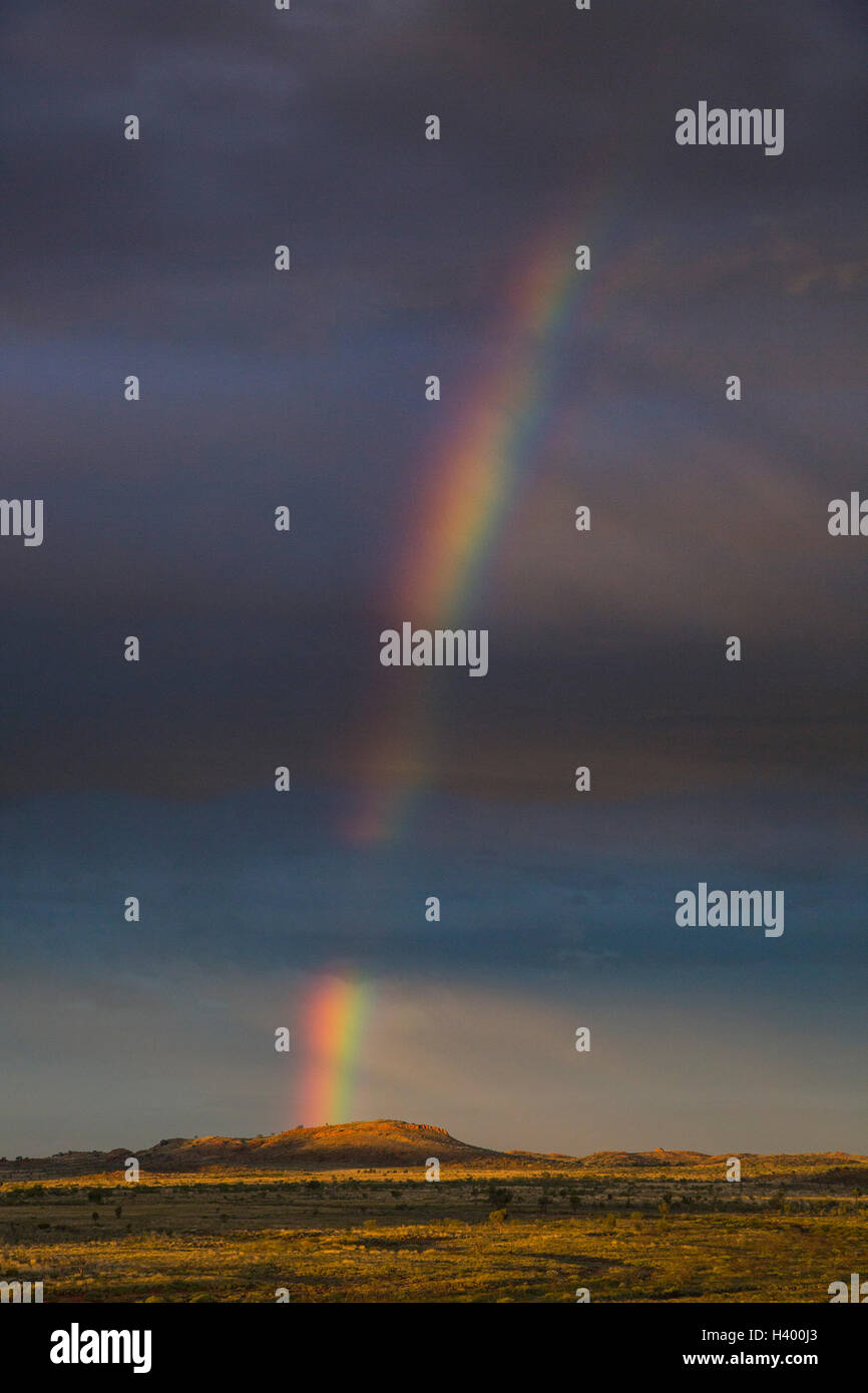 Vista panoramica di Rainbow su campo erboso, Newman, Australia occidentale, Australia Foto Stock