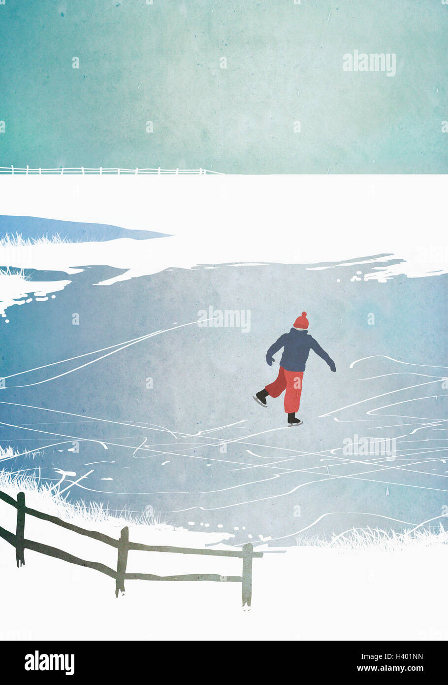 Illustrazione dell'uomo pattinaggio sul lago ghiacciato Foto Stock