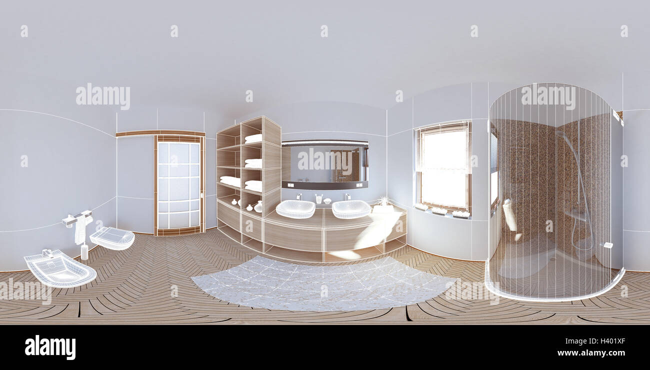 3D Interni rendering di un bagno moderno con 360° campo di vista Foto Stock