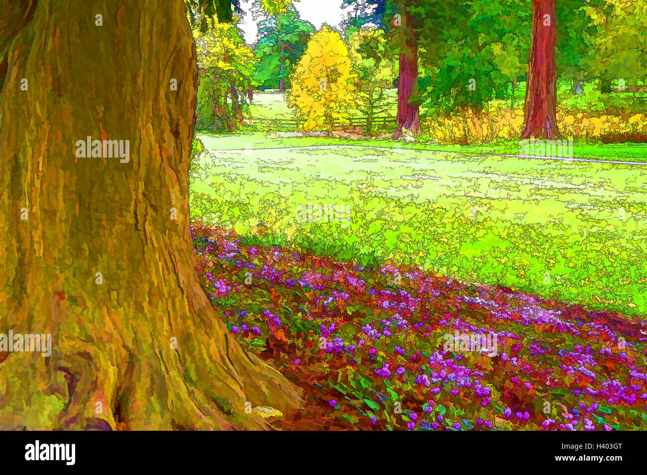 Fiori di colore rosa sotto un albero in un bellissimo parco all'inglese colori luminosi illustrazione come effetto fumetto Foto Stock