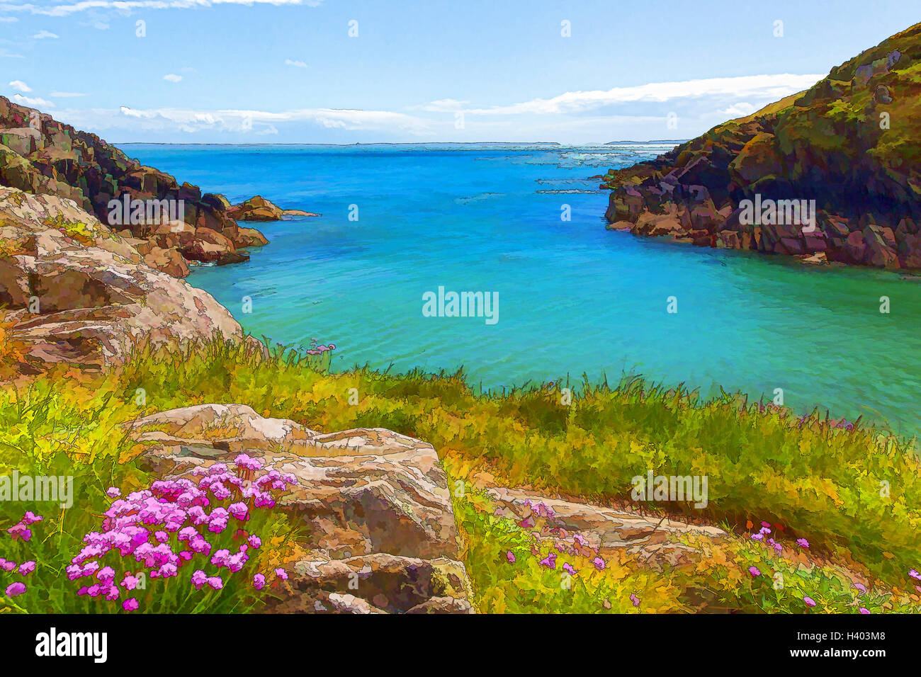 Porto Porthclais vicino a St Davids Pembrokeshire West Wales UK con fiori di colore rosa conduce a St Brides Bay illustrazione Foto Stock