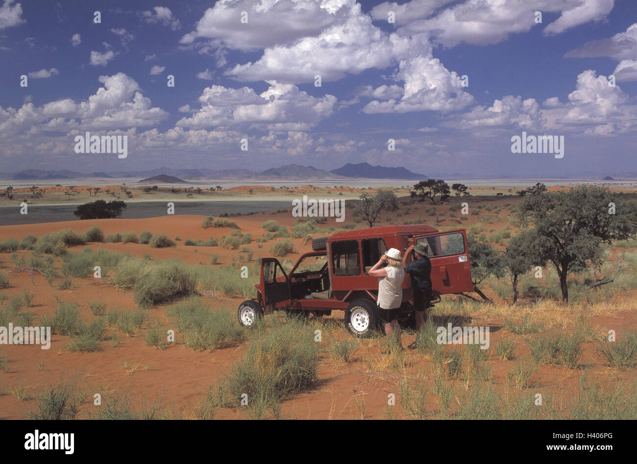 La Namibia, Namib Naukluft national park, scenario, jeep, turistico, binocolo, visualizzare, Africa Sud-ovest, Africa ovest della Namibia, riserva naturale, natura selvaggia riserva, paesaggi selvaggi, vegetazione, erba, alberi, safari, vacanze, tempo libero e vacanze avventura, dis Foto Stock