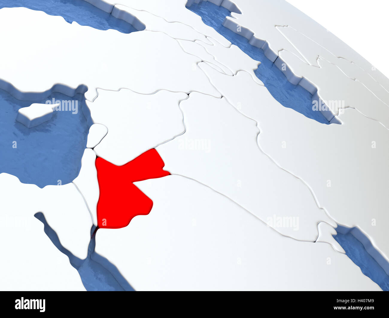 Mappa di Giordania sul globo metallico con terra e acqua realistica. 3D illustrazione Foto Stock