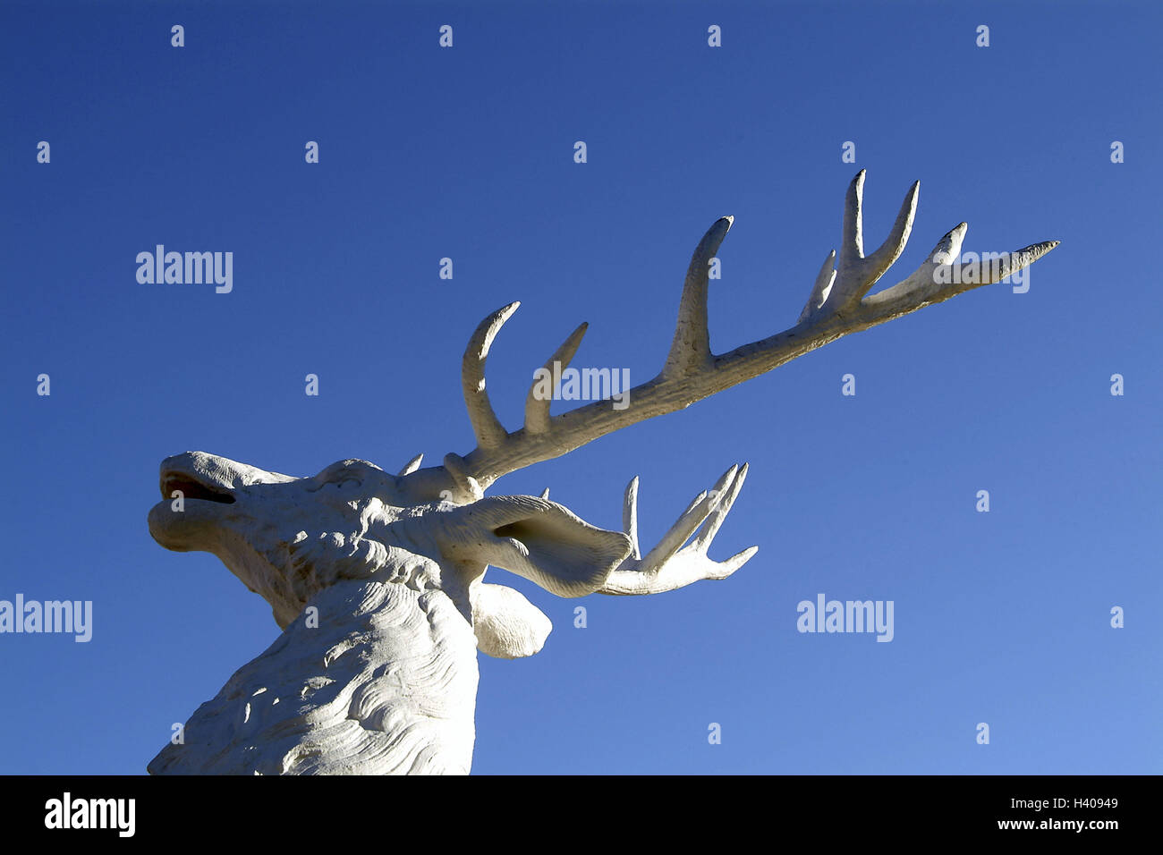 Scultura di cervi, bianco, dettaglio, testa, palchi, parco la figura e la figura, scultura, cervi, corna di cervo, Aktaion, atto aeon, icona, vigore, amido, Europa, Germania, Schwetzingen, castello, il giardino del castello, luogo di interesse, blu-bianco Foto Stock