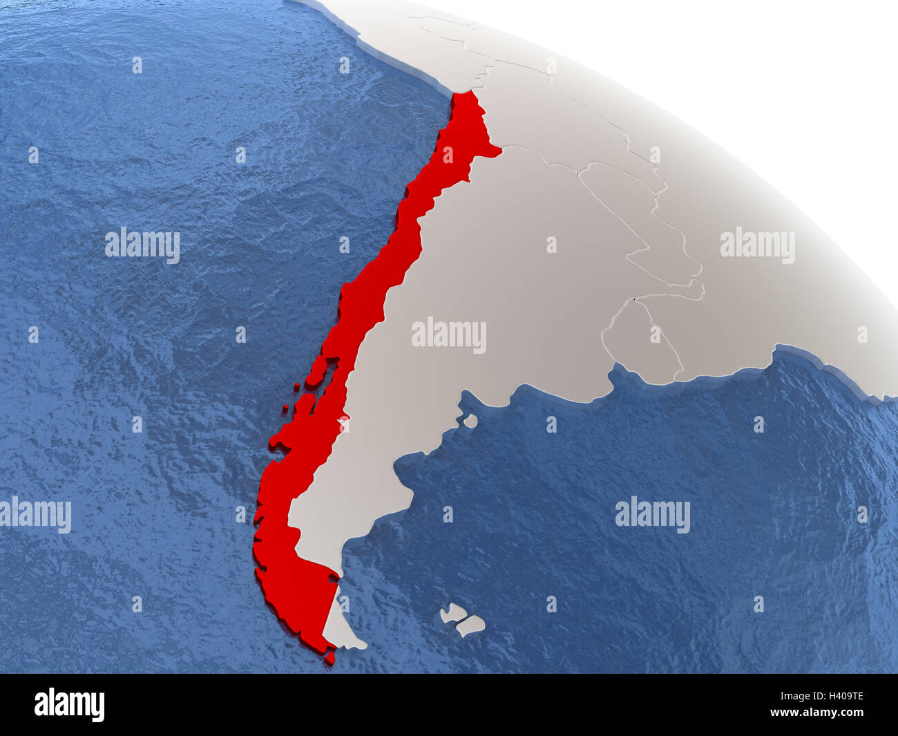 Mappa di Cile il globo metallico con terra e acqua realistica. 3D illustrazione Foto Stock