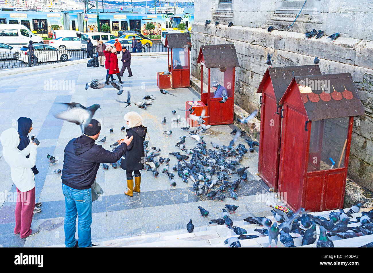 Persone come per alimentare i piccioni su Rustem Pasha Square, ci sono molte bancarelle con semi per gli uccelli Foto Stock