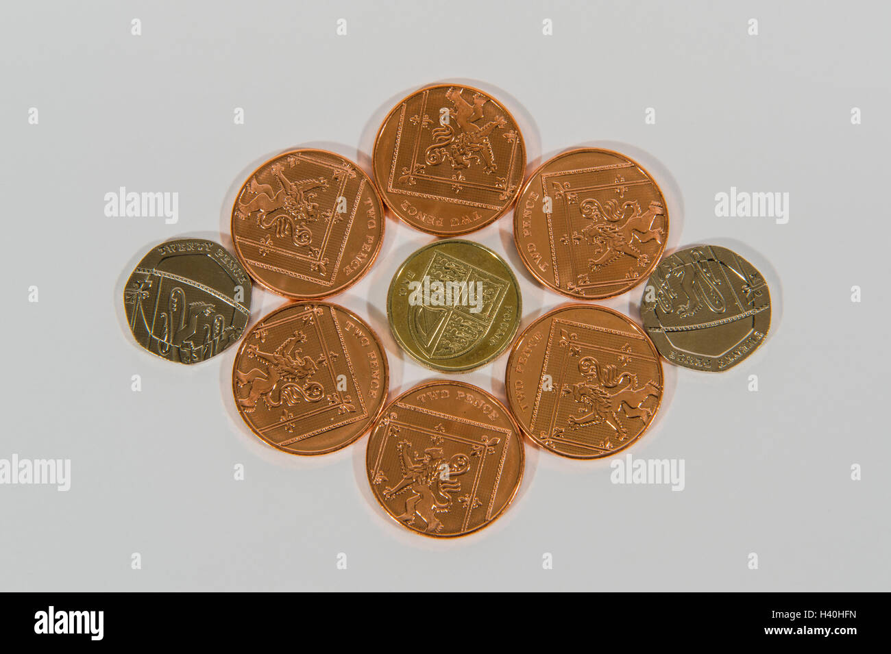 Close-up di denaro - 3 tagli di corrente la sterlina britannica monete in rame e argento, con 2p e 20p pezzi circostanti un £1. Foto Stock