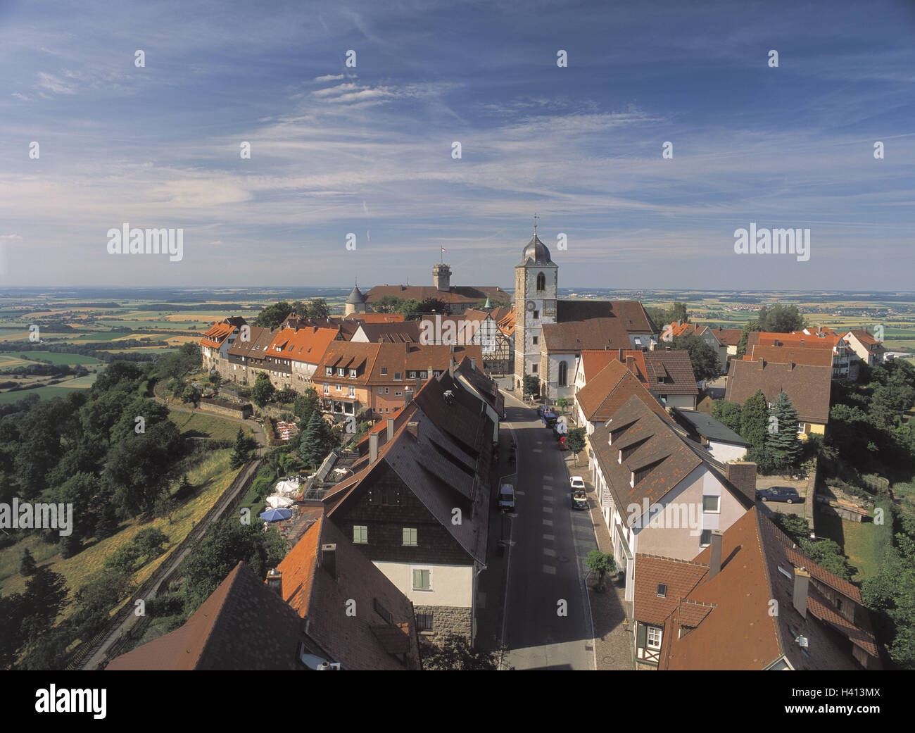 Germania, Baden-Württemberg, Waldenburg, città panoramica, livello Hohenloher, Europa, Hohenlohekreis, città, parte comune, case, case, la chiesa, il campanile, street, valley, scenario, luogo di interesse, Vista, Vista Foto Stock