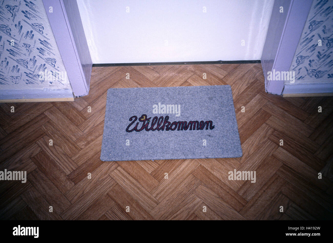 Sportello anteriore, zerbino, corsa, "benvenuto", PORTA ANTERIORE, PORTA, piede zerbino, mat, scarpe, stray, pulito, pulito, icona, concezione, l'ingresso, accesso, saluto di amicizia, pulizia, ordine, pavimento, bancarelle, casa, appartamento, freehold piana, hall, piccoli borghesi, Foto Stock