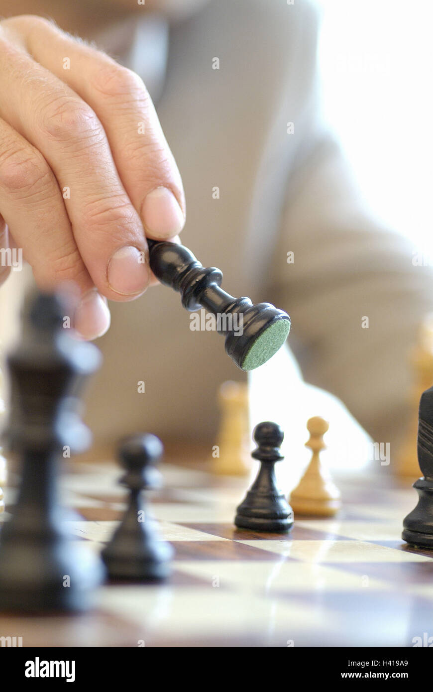 Scacchi, mano d'uomo, figura, spostare l uomo, dettaglio mano, 38 anni, giocatori di scacchi, parlor gioco, gioco di bordo, scheda, gioco, scacchi, di strategia gioco di strategia tattica, esercizio mentale, tempo libero, hobby, gioco di scacchi, il pezzo degli scacchi, 30-40 anni Foto Stock