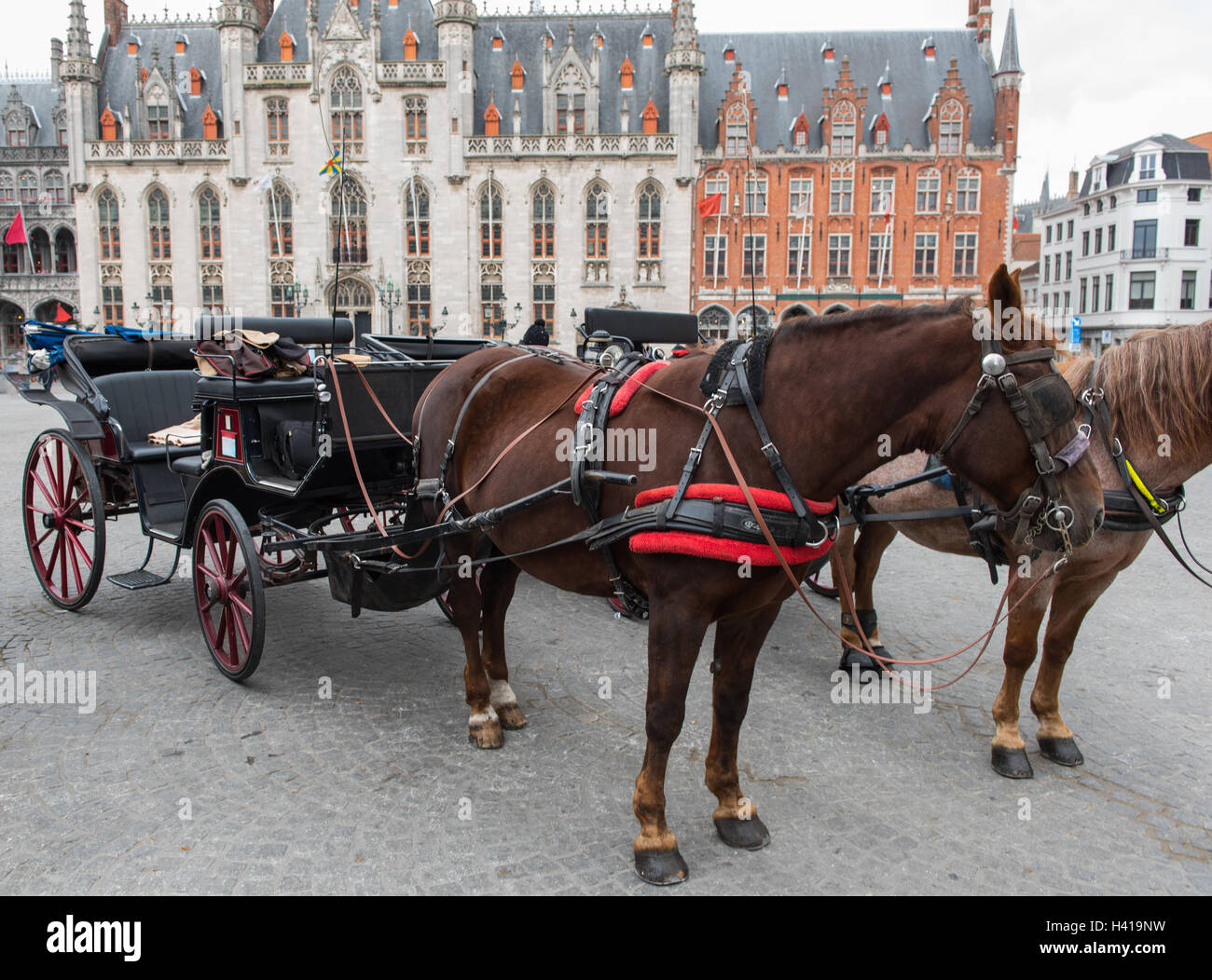 Carrozza a cavallo nella parte anteriore del thr Brugge city hall Foto Stock
