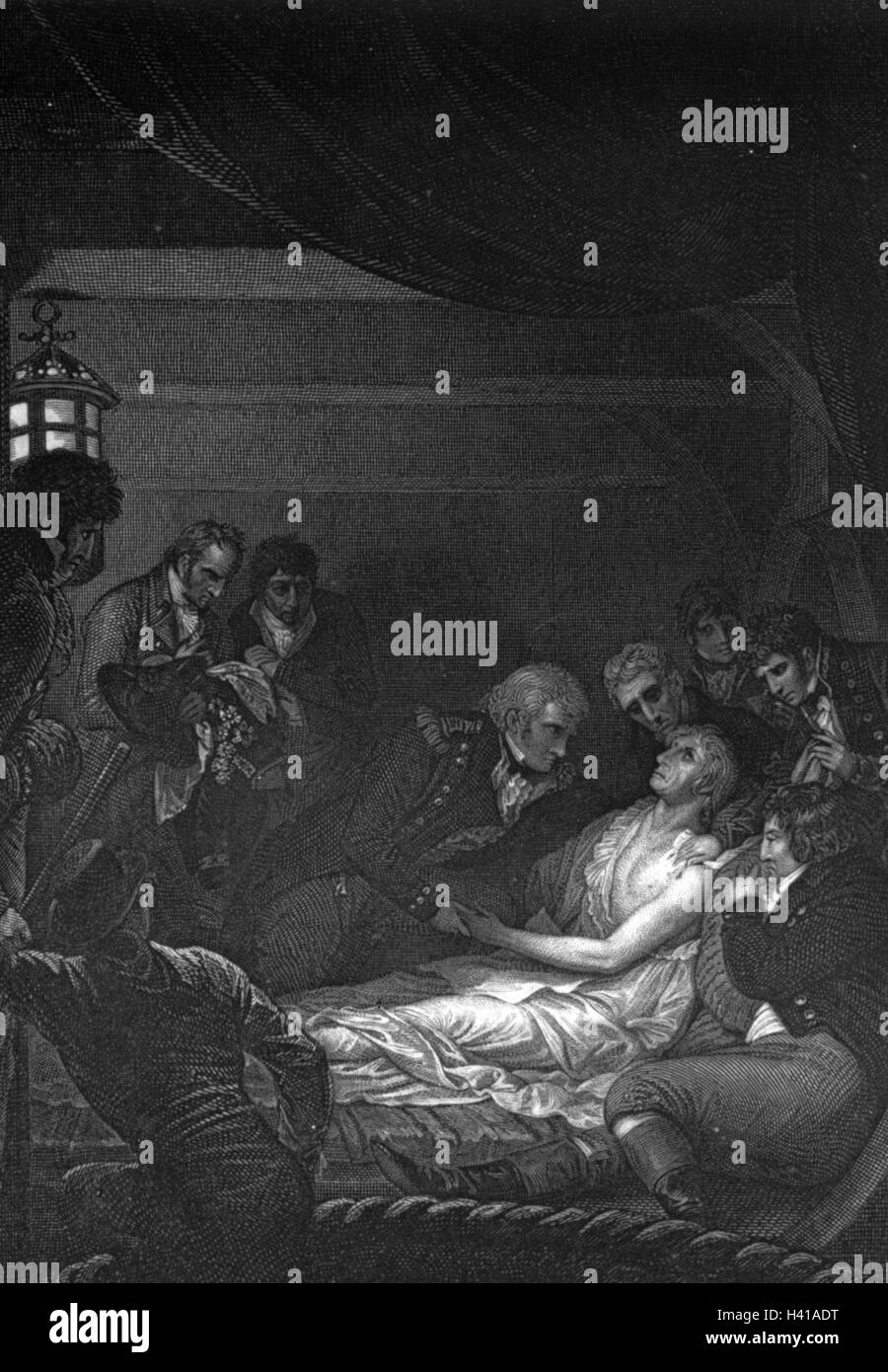 HORATIO NELSON (1758-1805) la sua morte a bordo di HMS Victory alla Battaglia di Trafalgar in un palazzo del XIX secolo l'incisione Foto Stock