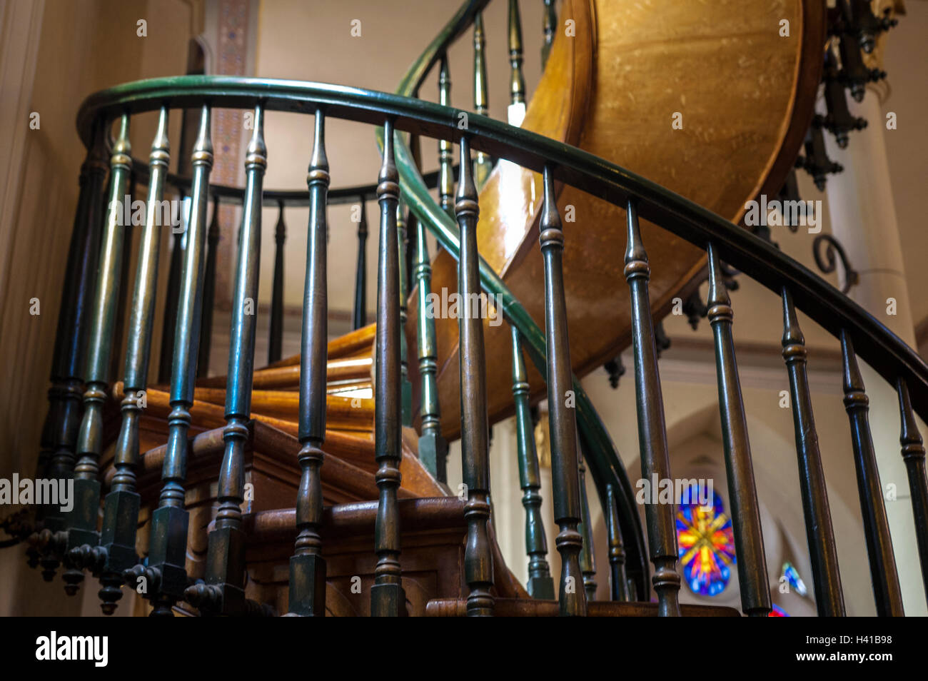 Dettaglio del 'miraculous' scala a chiocciola presso la Cappella di Loreto, Santa Fe, New Mexico, NEGLI STATI UNITI Foto Stock
