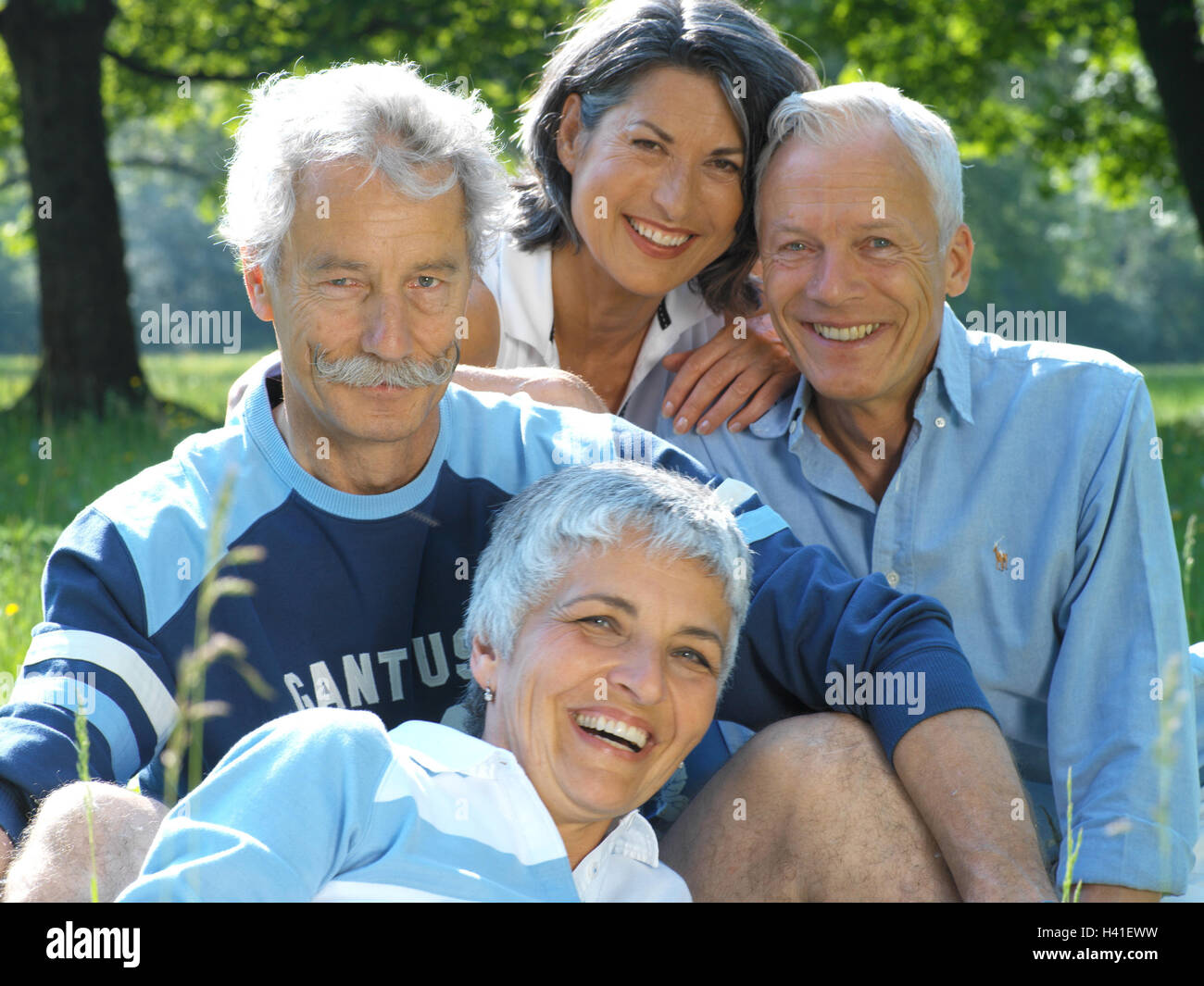 Prato, senior citizen coppie, felicemente, Ritratto, Foto di gruppo, anziani, coppie, amici, quattro, amicizia, la cosa migliore di tutte le età, felicemente, allegria, sorriso, tempo libero, natura comlex, fiore prato, Puff's fiori, park, estate, esterno, sunn Foto Stock