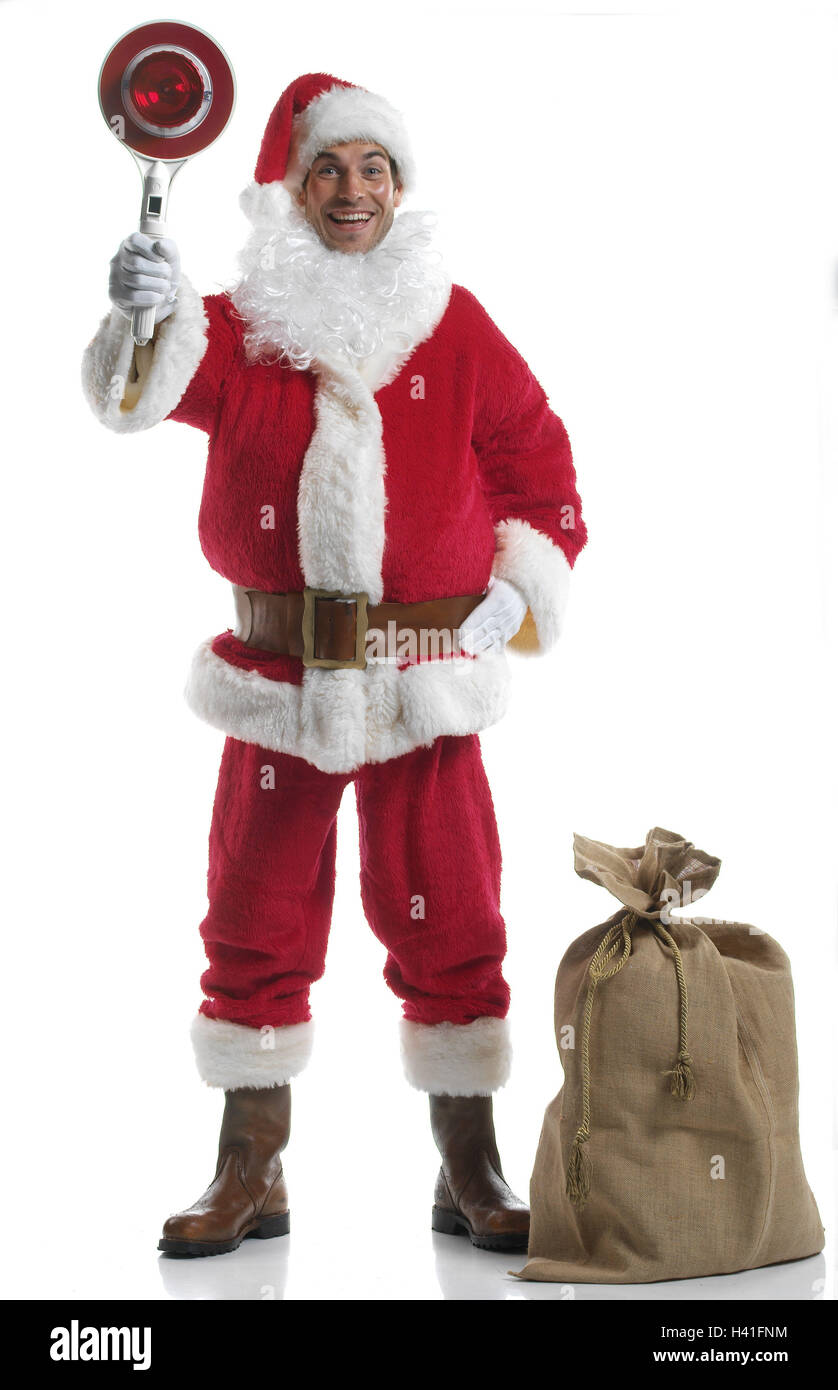 Natale, Santa, custodia, segnale racchetta da tennis natale, yule tide, X-mas, uomo giovane, stand, smette di copricapi, cappuccio, Santa cappello di cappello appuntito, rosso, rivestimento, costume, per Natale, Santa costume, barba, ubriachezza barba Babbo Natale, Babbo Natale, polizia Foto Stock