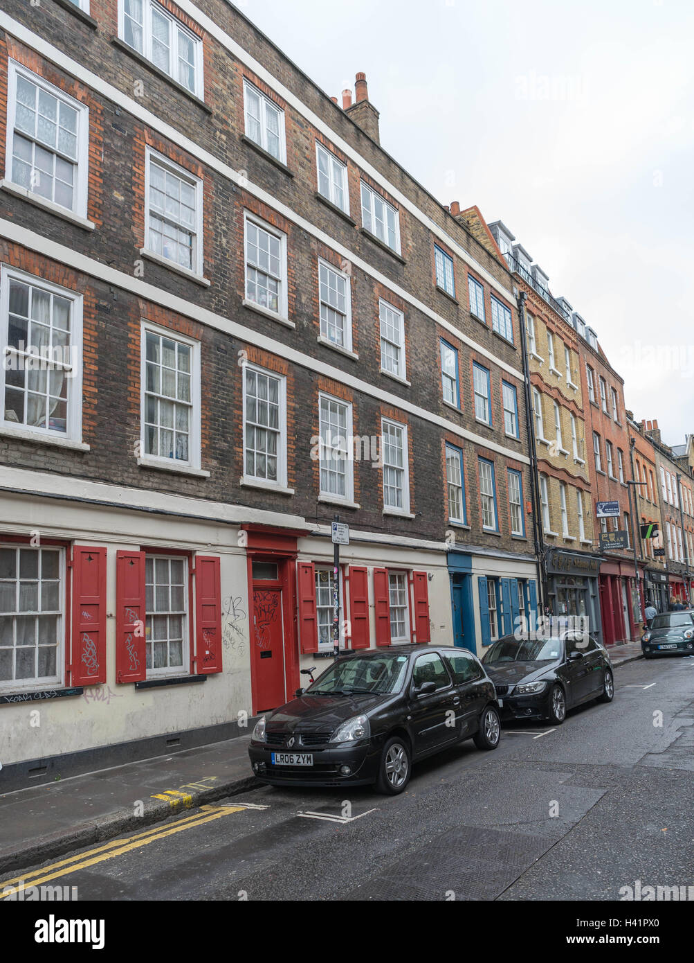 In stile georgiano case a schiera, Hanbury Street, Shoreditch, London E1 Foto Stock