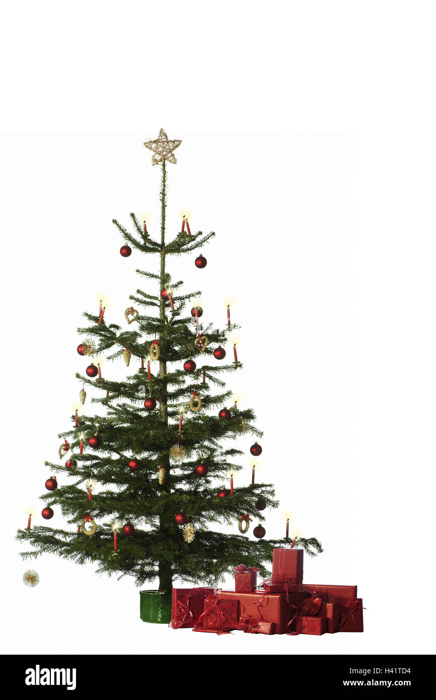 Albero di natale, presenta il Natale, yule marea, per Natale, l'albero di Natale, albero, decorate, decorazioni natalizie, sfera sfera di Natale, candele, pacchetti regali di Natale, still life, studio, tagliate Foto Stock