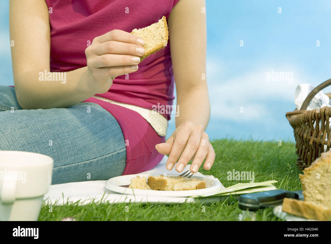 La donna si siede, prato, picnic, torte, estati, mangiare fuori, Dettaglio serie, giardino, summerwear, rosa, tempo libero, weekend, relax, recupero, appoggia, gode, Auszeit, sole, calore, cestino da picnic, Kaffeetrinken, studio, lo stile di vita Foto Stock