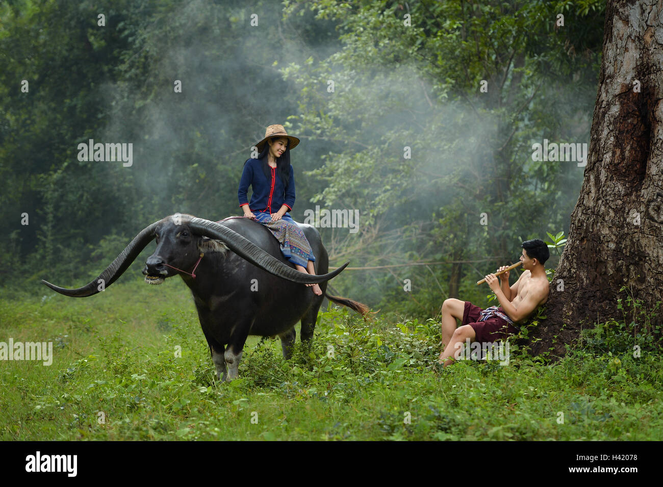 Donna seduta su buffalo parlando a un uomo seduto sotto un albero, Thailandia Foto Stock