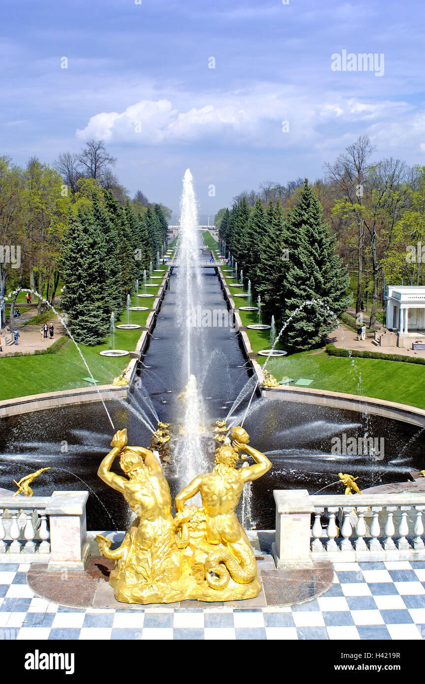 La Russia, San Pietroburgo, Pietro corte, grande palazzo, fontana, 'jet avenue', summer town, San Pietroburgo, Sankt-Peterburg, Petrodworez, park, parco, acqua cembalo, Fontana, ben figure, dora nostra, cultura, luogo di interesse, turismo Foto Stock