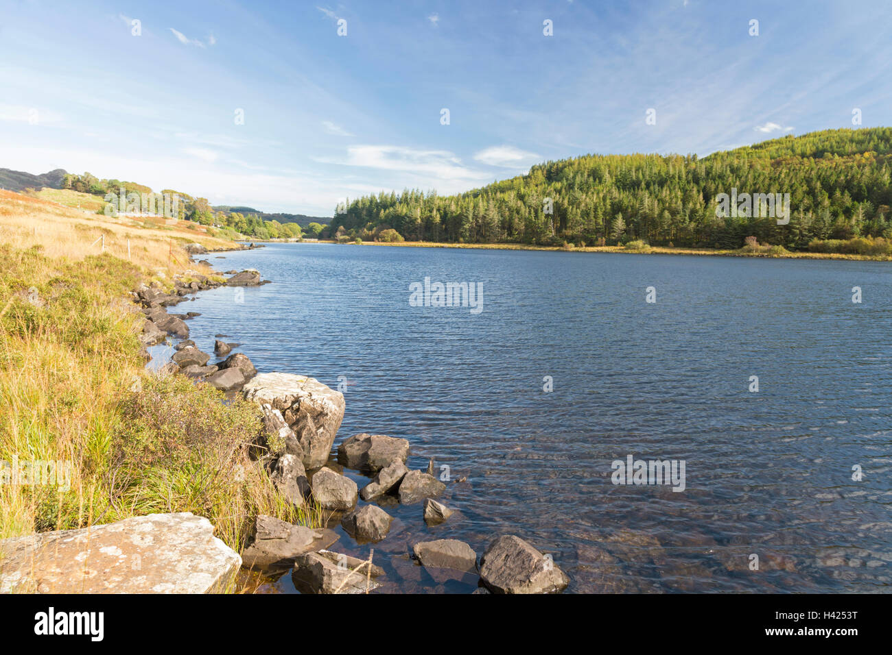 Llynnau Mymbyr nel Dyffryn Mymbyr Valley guardando verso Caple Curig, Snowdonia National Park, North Wales, Regno Unito Foto Stock