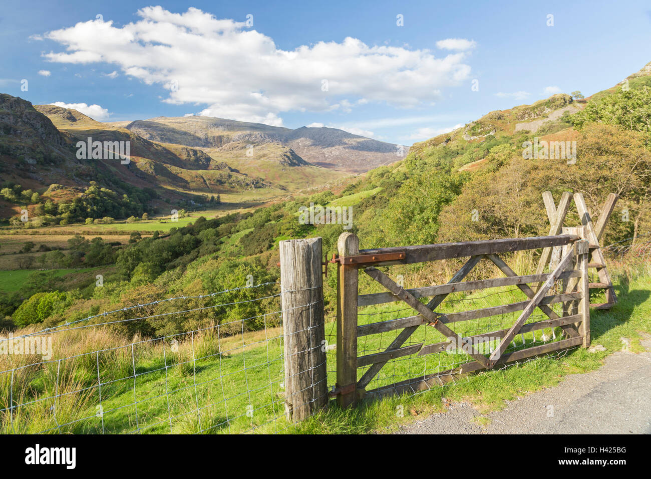 Cercando la valle Nantgwynant verso Glyder Fawr e Glyder Fach, Snowdonia National Park, North Wales, Regno Unito Foto Stock