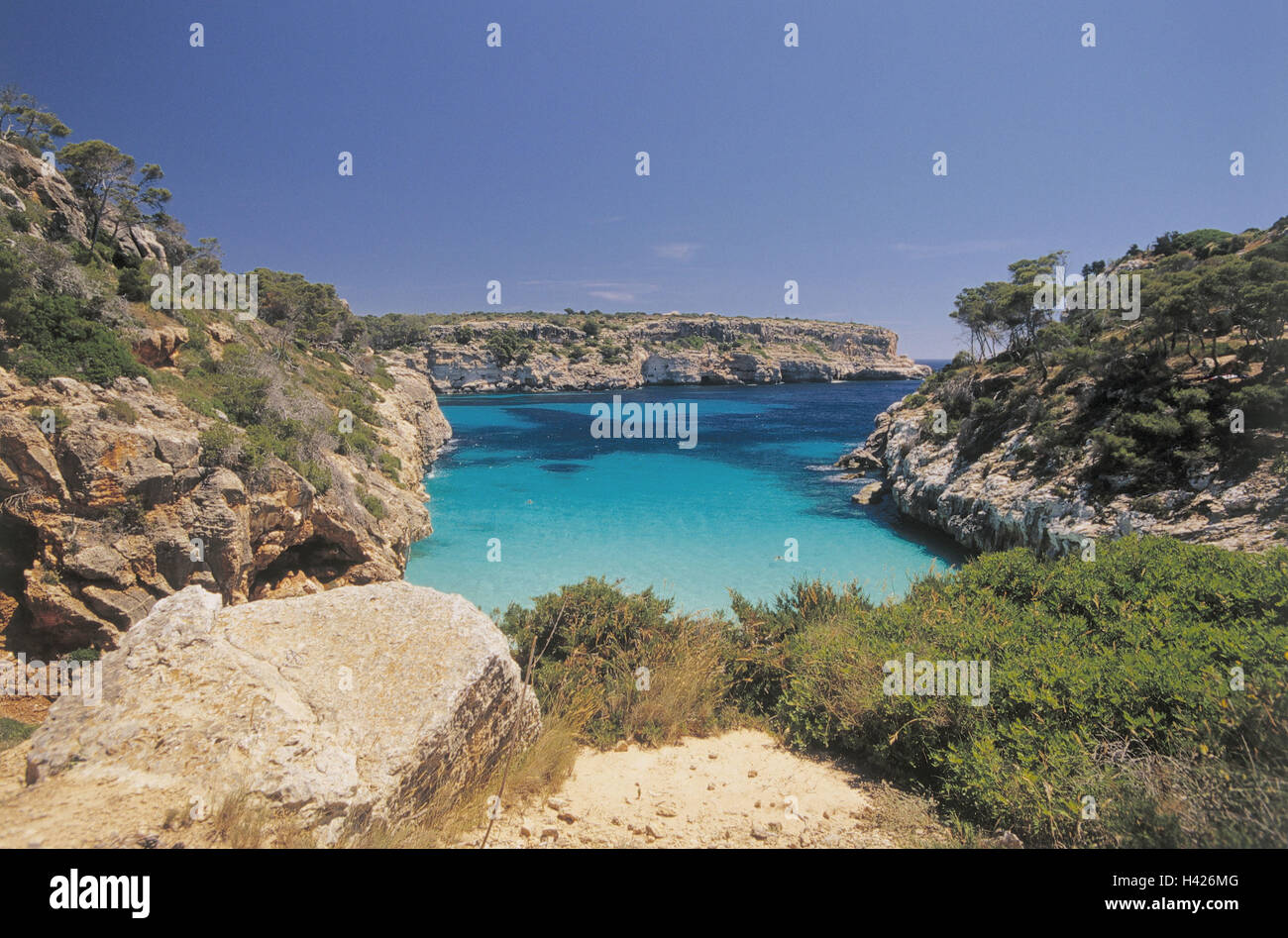 Spagna, isola di Maiorca, costa, Cala S'Almonia, mare, Europa, Espana, Isole Baleari Isole Baleari isola, mare mediterraneo, isola del Mediterraneo, Sudest bile costa, scogliere, bay, s'Almunia, bagno bay, in remoto, nasconde la natura, vacanza summ Foto Stock